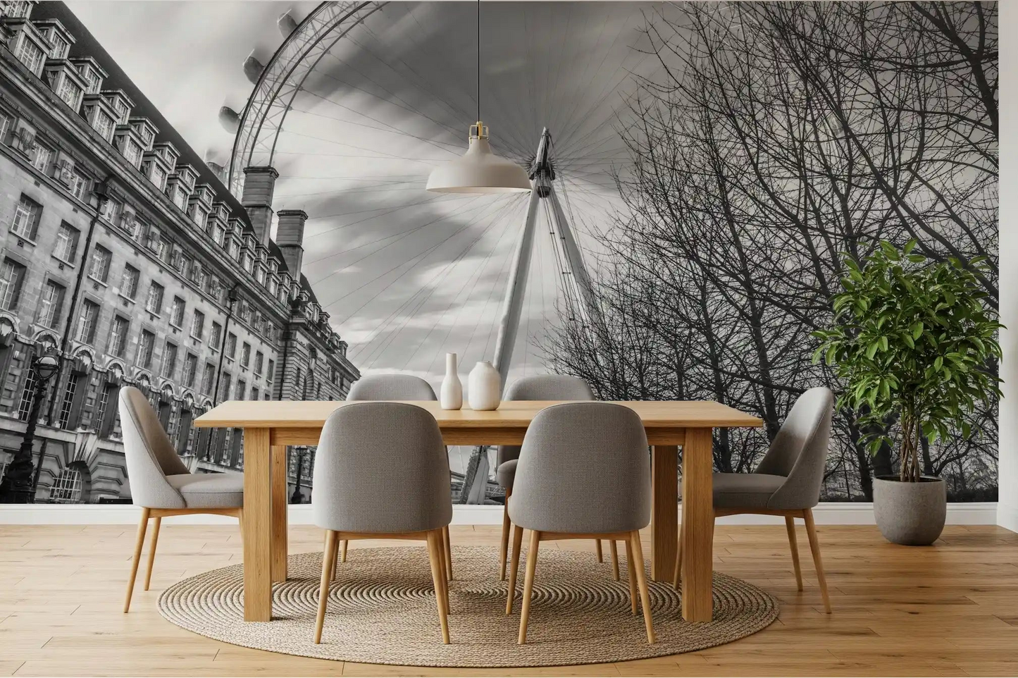 A dining table sits before the London Eye Monochrome Majesty wall mural.