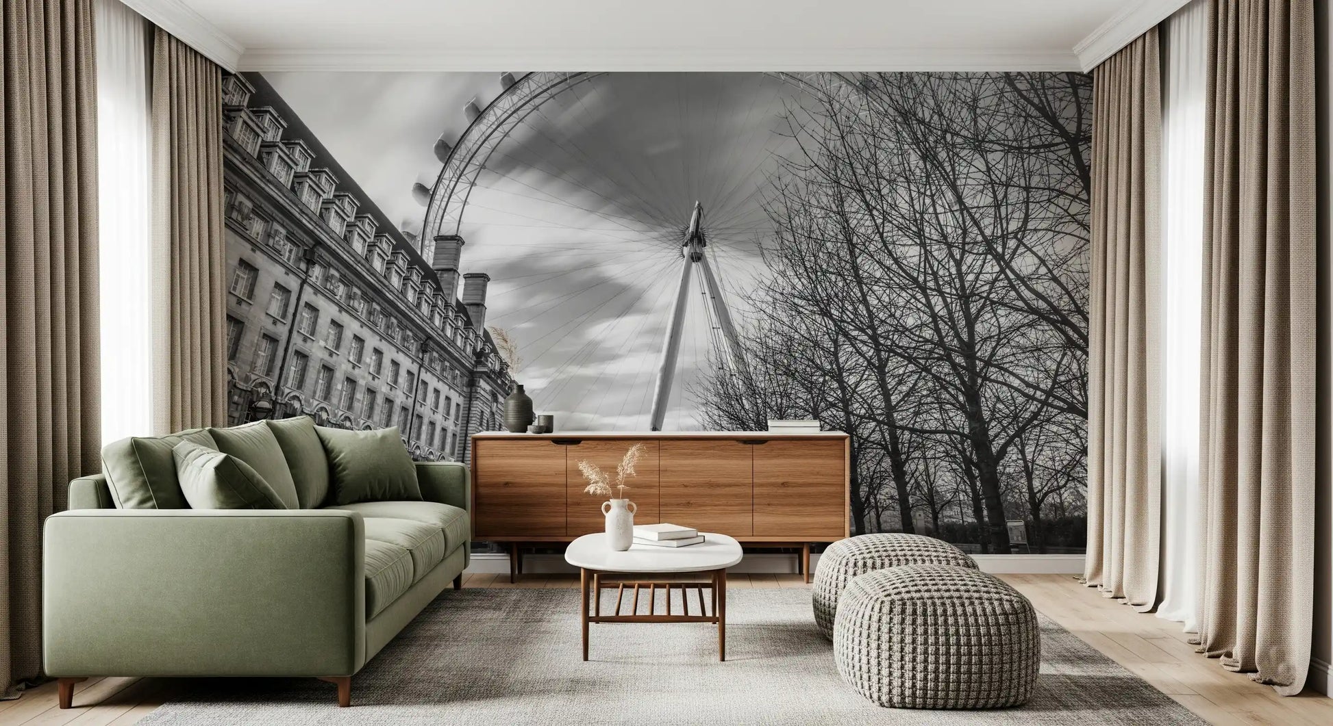 Smooth stones lead into the London Eye Monochrome Majesty wall mural.