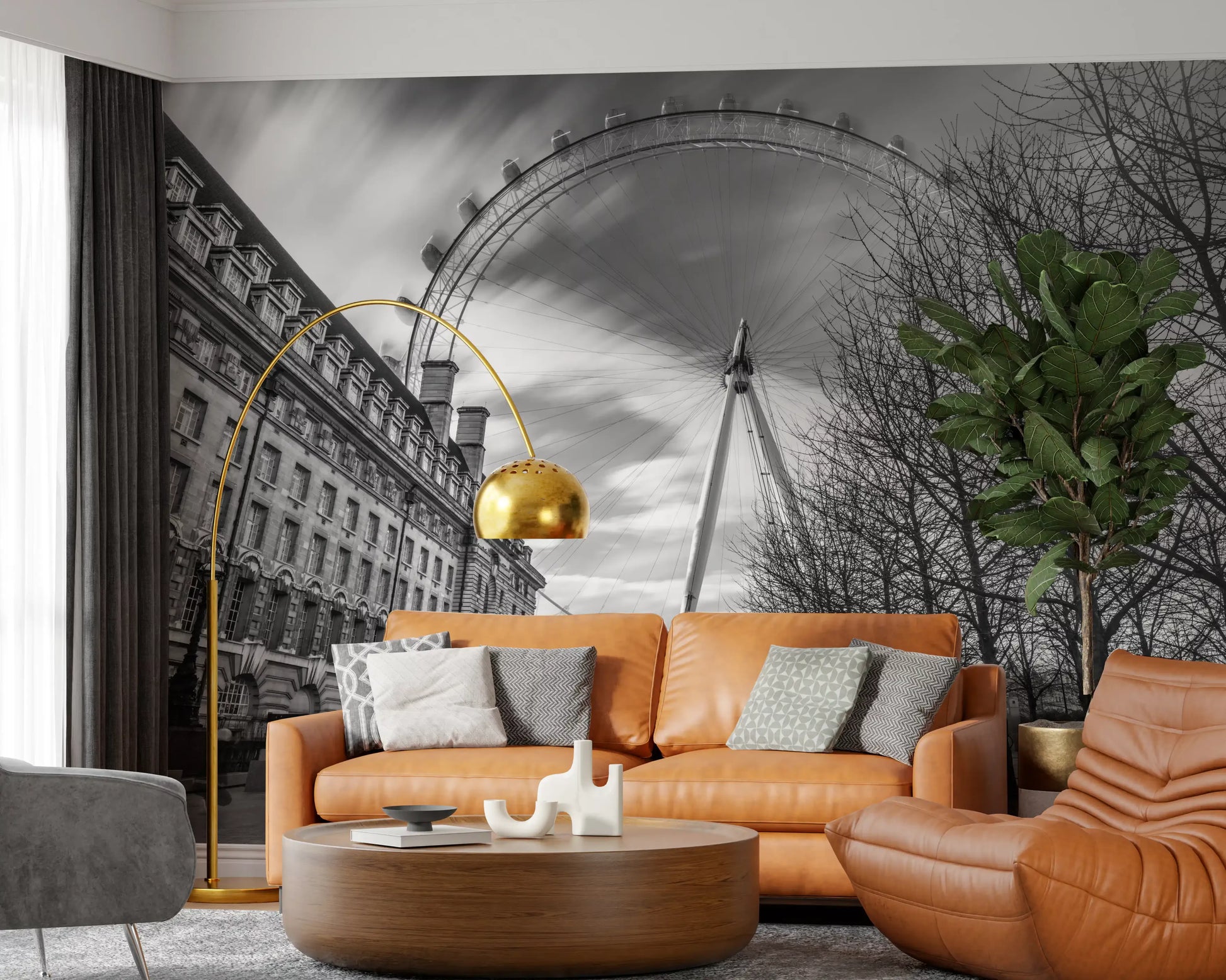 Tree branches frame the London Eye Monochrome Majesty wall mural view.