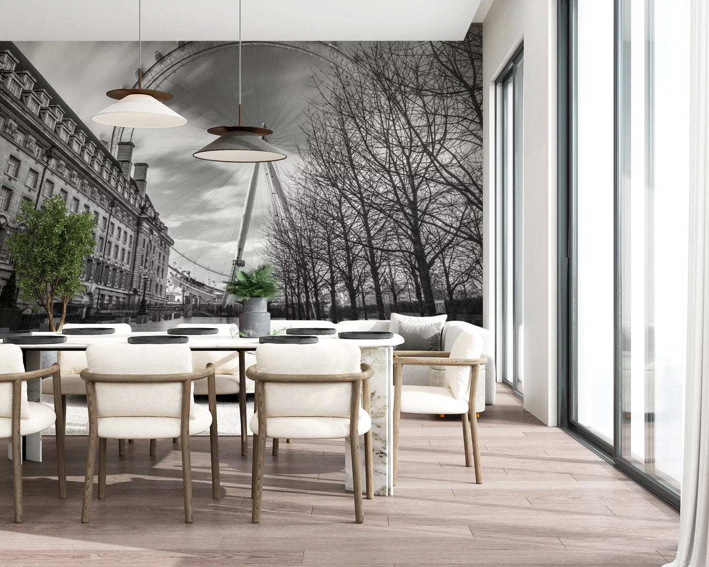 Dining room aligns with the London Eye Monochrome Majesty wall mural.