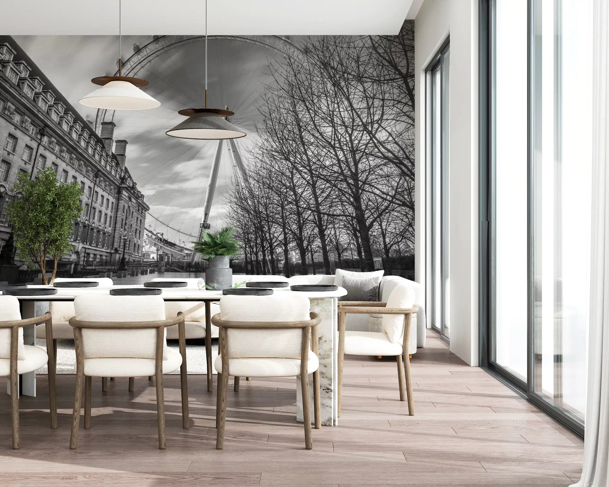 Dining room aligns with the London Eye Monochrome Majesty wall mural.
