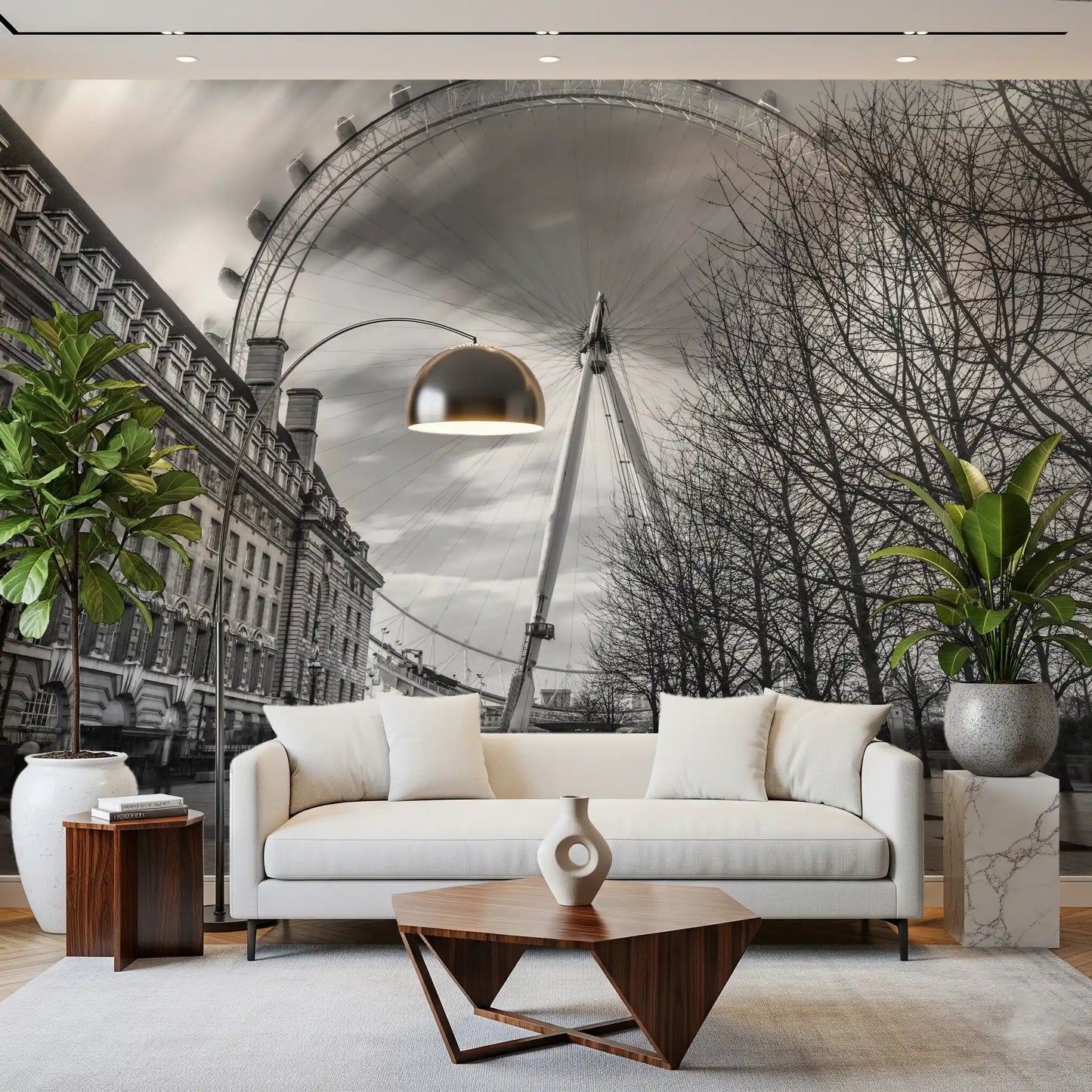 The London Eye Monochrome Majesty wall mural wheel arcs across the sky.