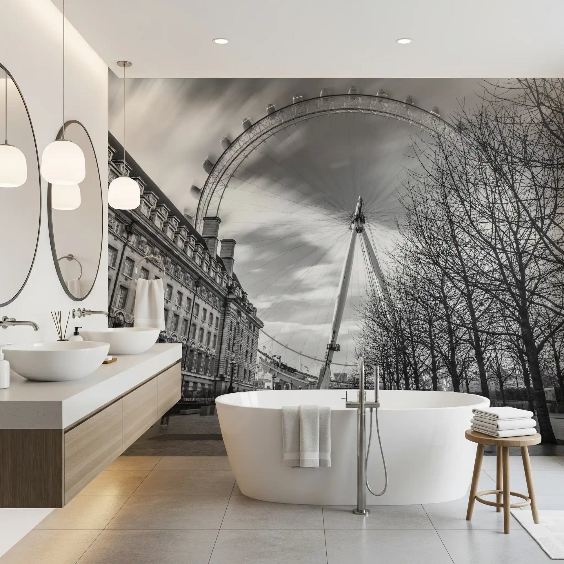 bathrom rests against the London Eye Monochrome Majesty wall mural.