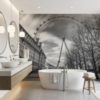 bathrom rests against the London Eye Monochrome Majesty wall mural.