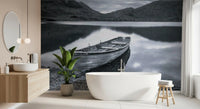 Quiet monochrome lands in the bathroom via Silent Waters Distant Peaks wall mural.