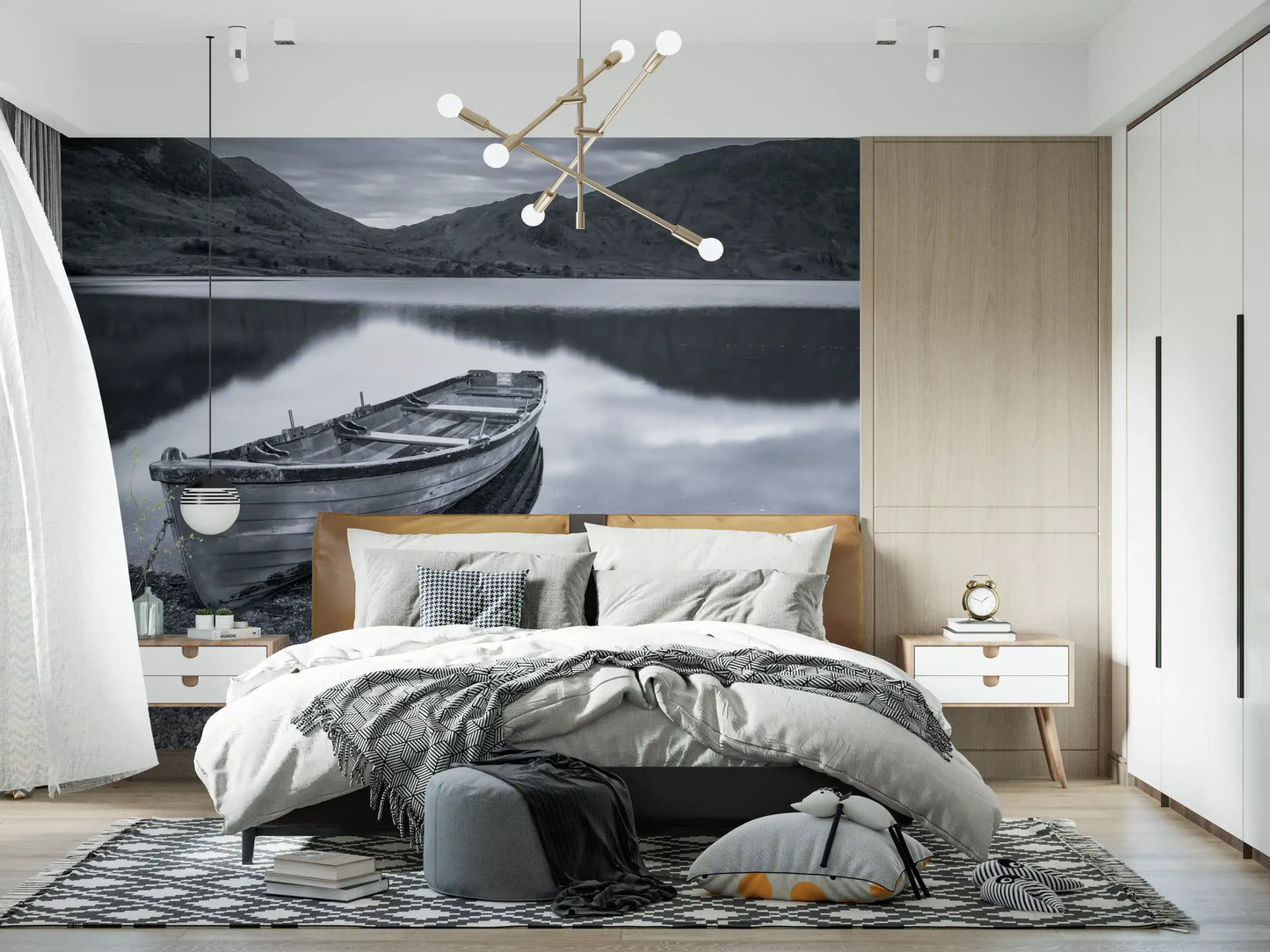 Wooden rowing boat sits roped at the bank inside this Silent Waters wall mural scene.
