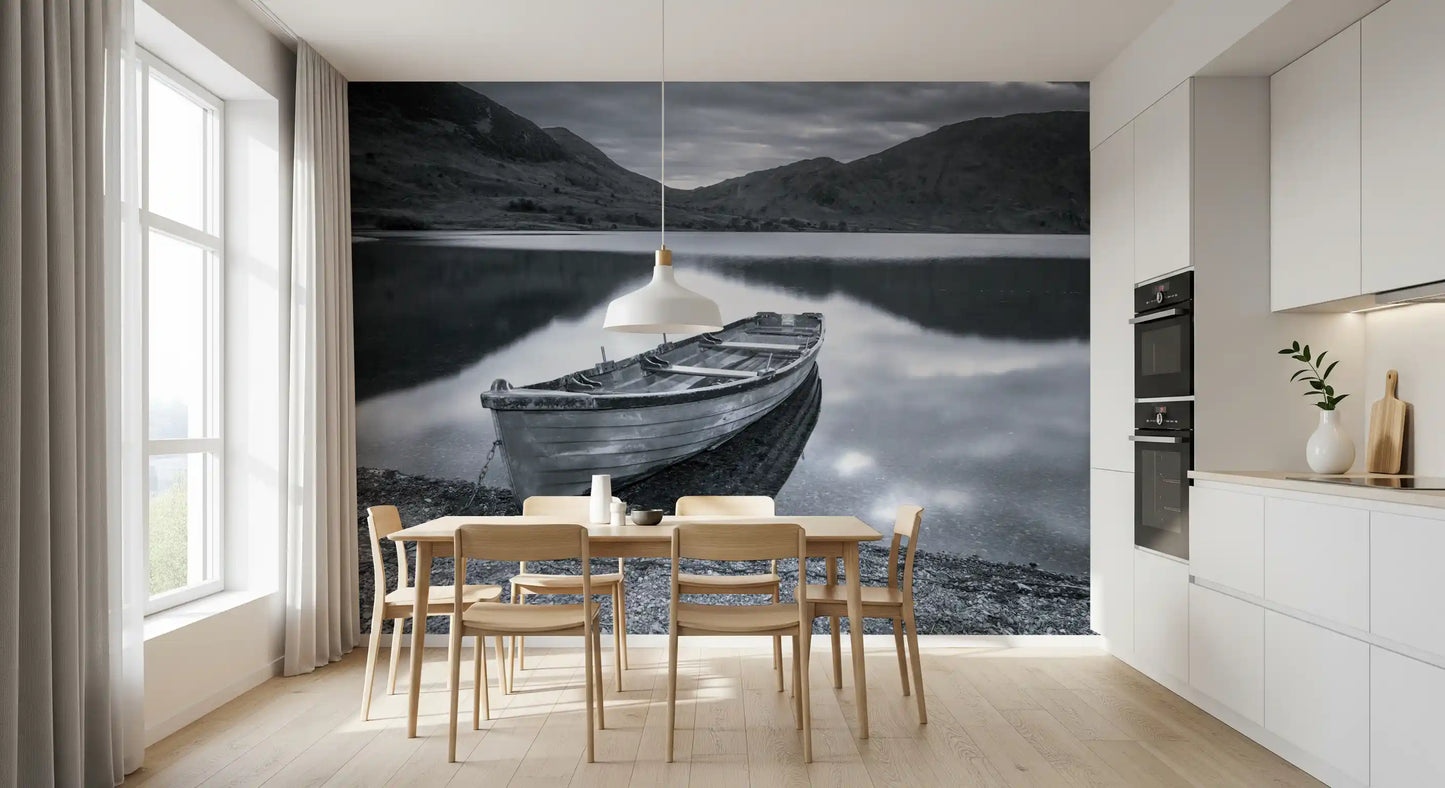 Peaks scenery sits in the Kitchen and dining room as a still grayscale wall mural moment.