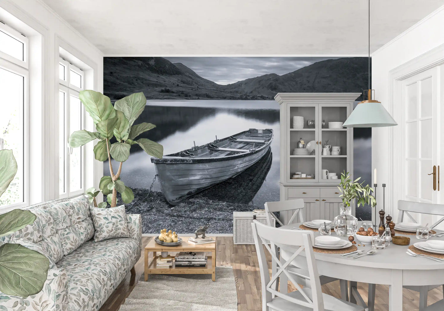 Dining room mood goes quiet under the Silent Waters Distant Peaks wall mural overhead.

