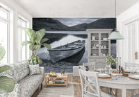 Dining room mood goes quiet under the Silent Waters Distant Peaks wall mural overhead.

