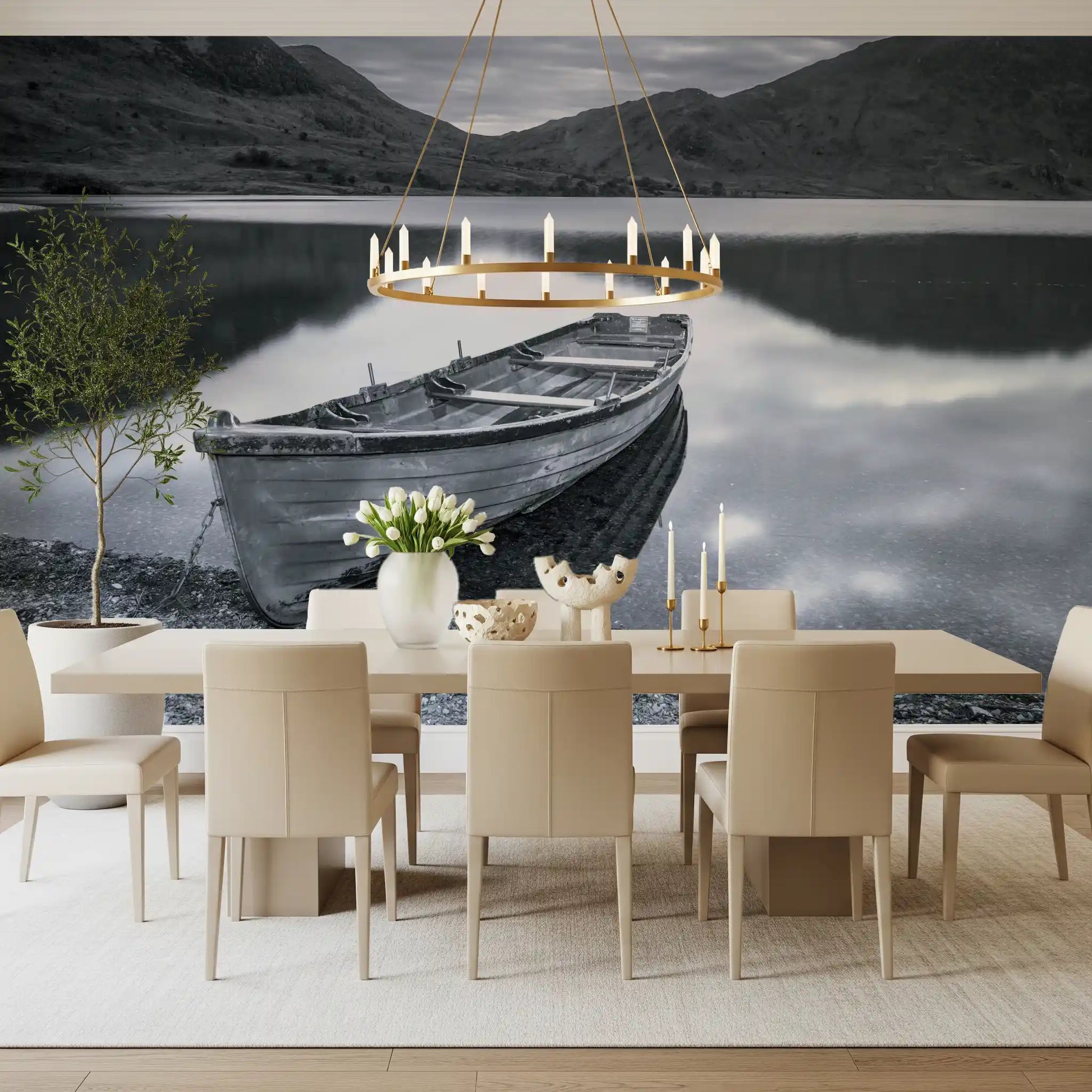Grayscale lake and ridges fade through the Silent Waters Distant Peaks wall mural panel.