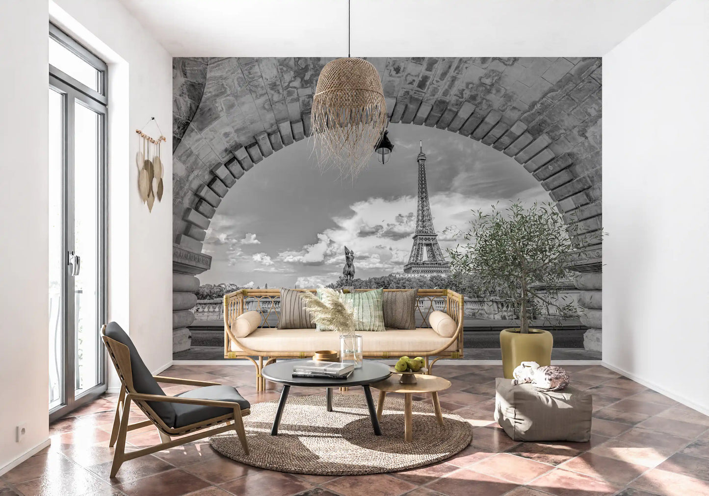 Grayscale tones move from masonry to sky inside the Parisian Vista wall mural