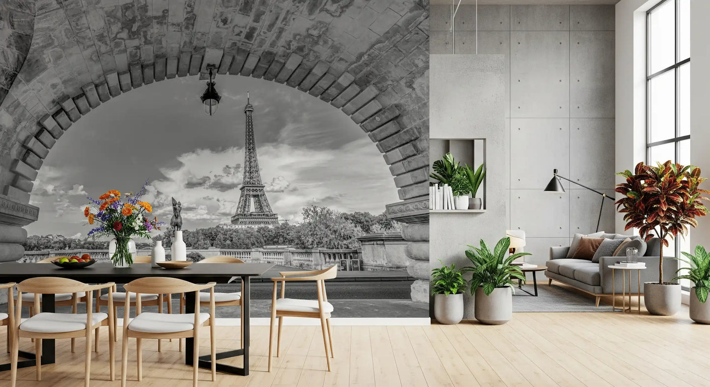 Equestrian statue and railing line the lower edge of the Parisian Vista wall mural scene