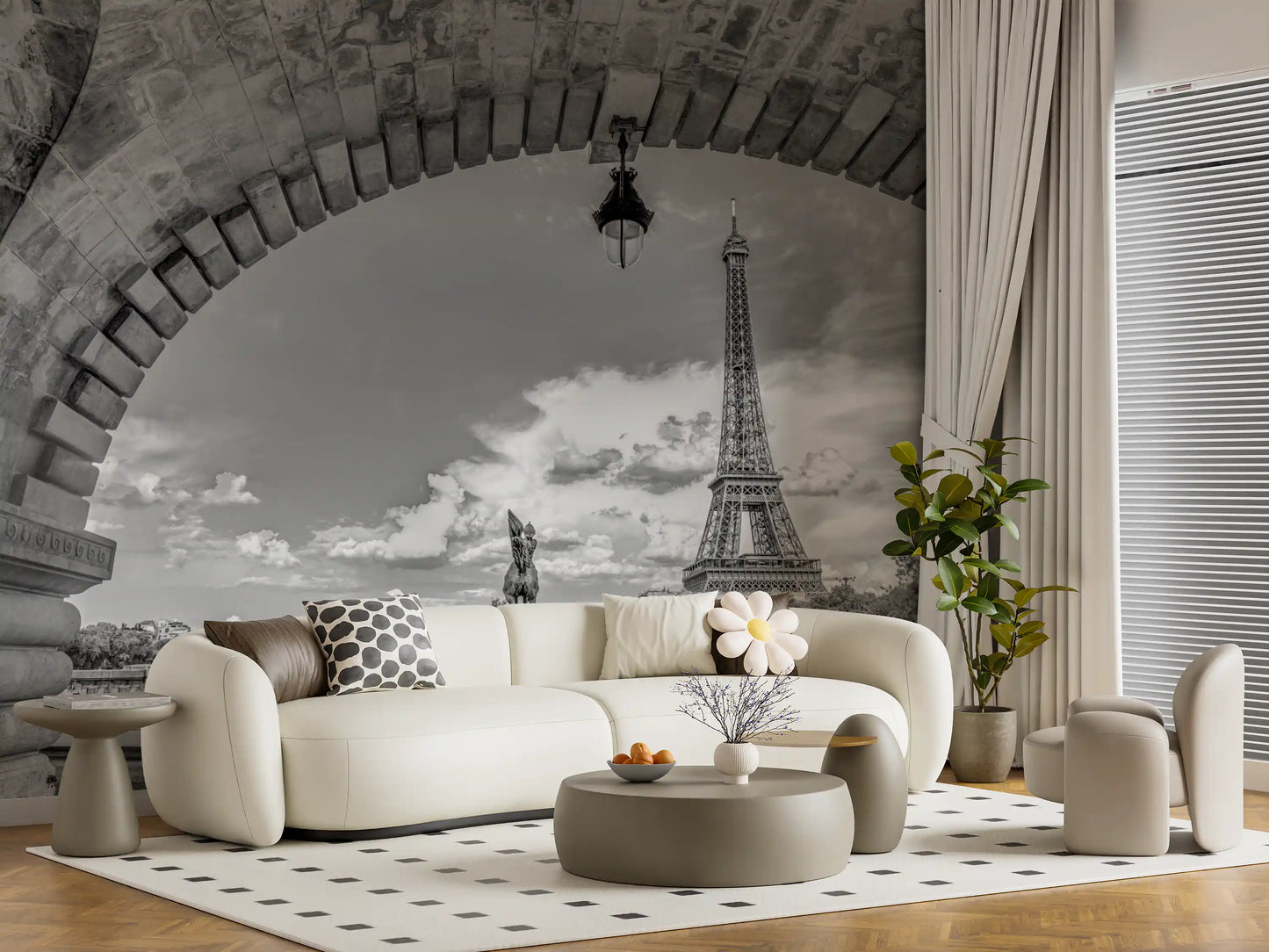 Timeless Parisian Vista wall mural lends a vintage tone to the Living room