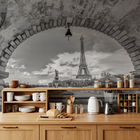 Monochrome arch and tower from the Parisian Vista wall mural calm a Kitchen.