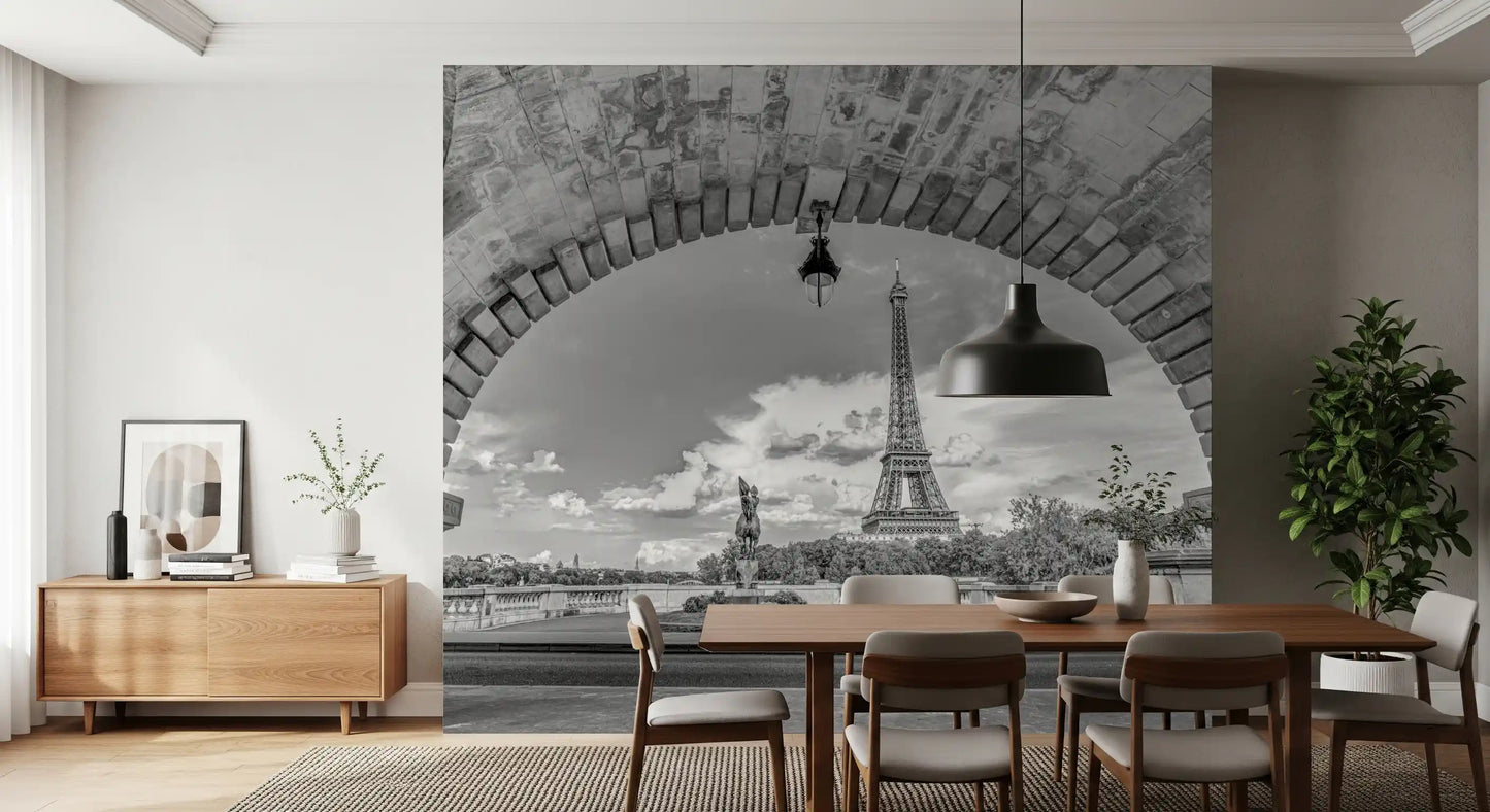 Stone arch framing the Eiffel Tower fills the Parisian Vista wall mural over a Dining room.