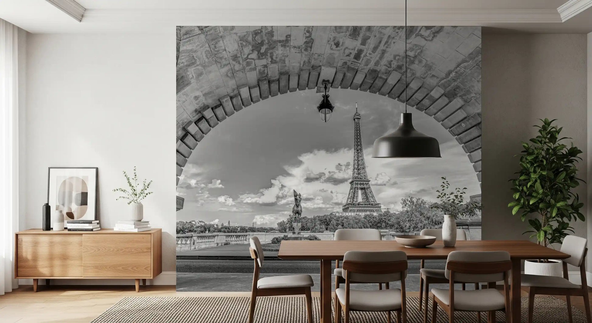 Stone arch framing the Eiffel Tower fills the Parisian Vista wall mural over a Dining room.