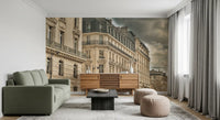 Mansard rooftops, chimneys, and tall arched windows fill a Haussmann wall mural close shot.