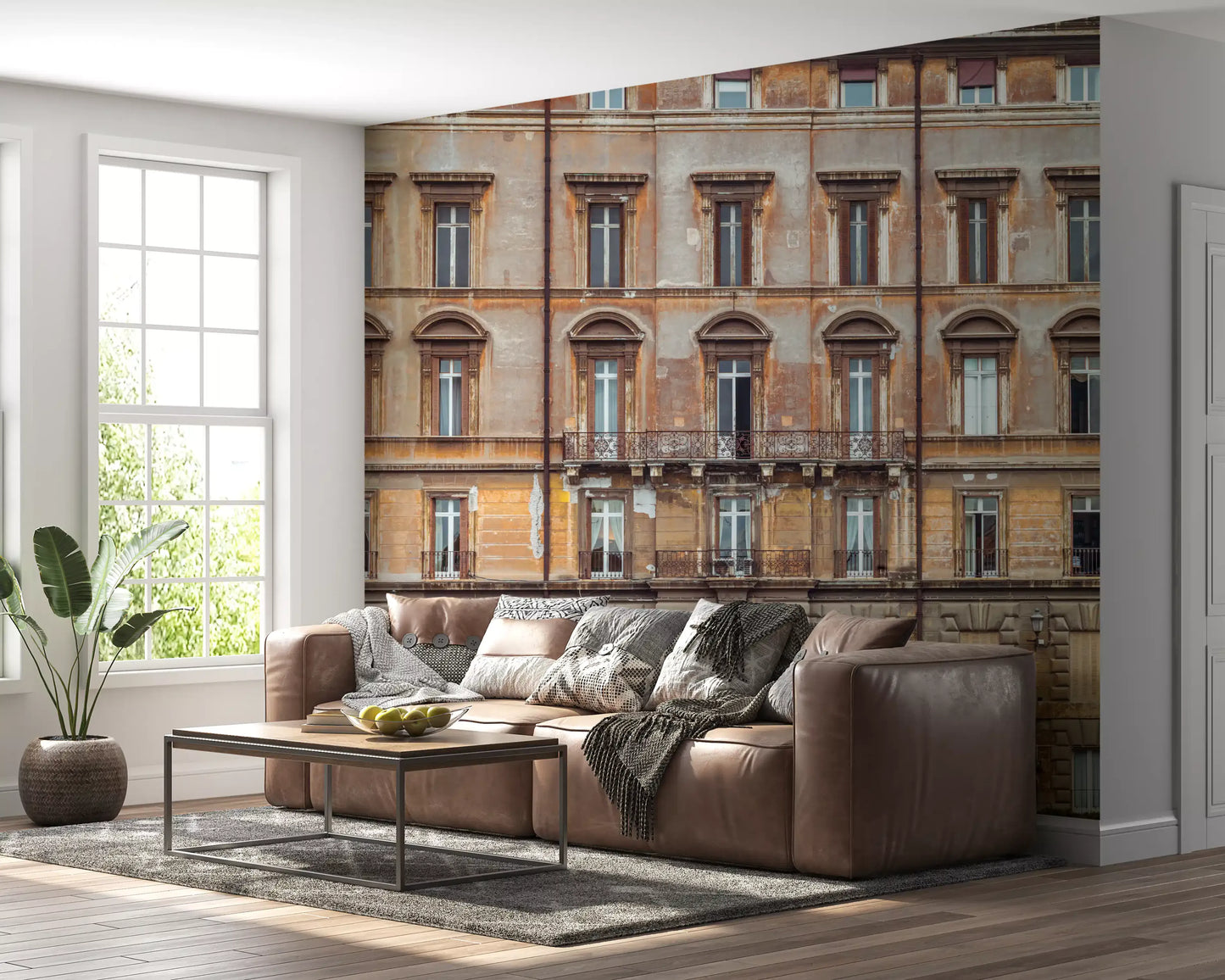 Faded terracotta and brown stucco span this European Facade wall mural.