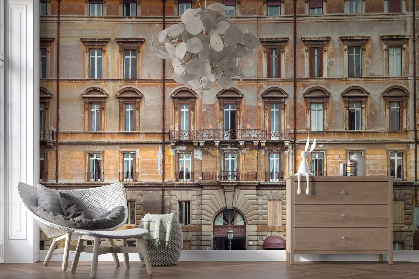 Wrought iron balconies and pediments fill the European Grandeur Facade wall mural.