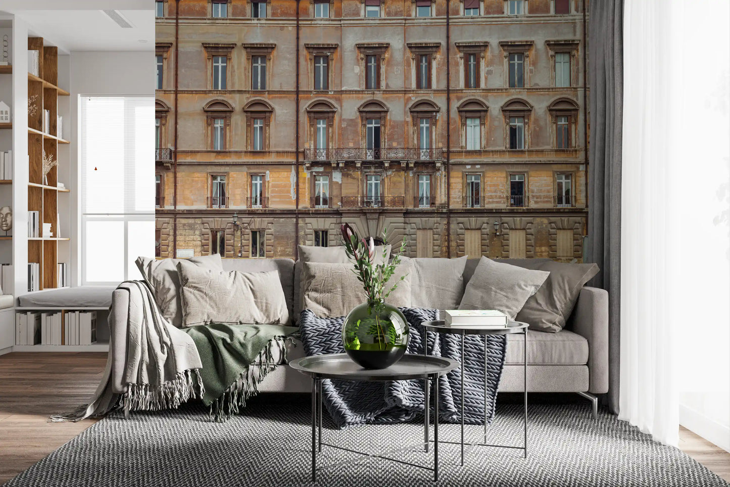 Multi-story palazzo styling lifts a lounge with European Grandeur Facade wall mural.
