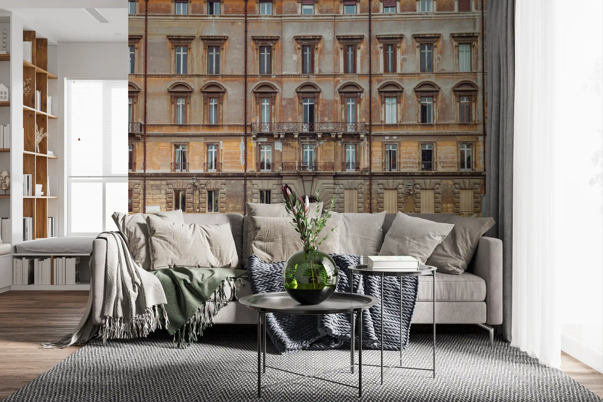 Multi-story palazzo styling lifts a lounge with European Grandeur Facade wall mural.