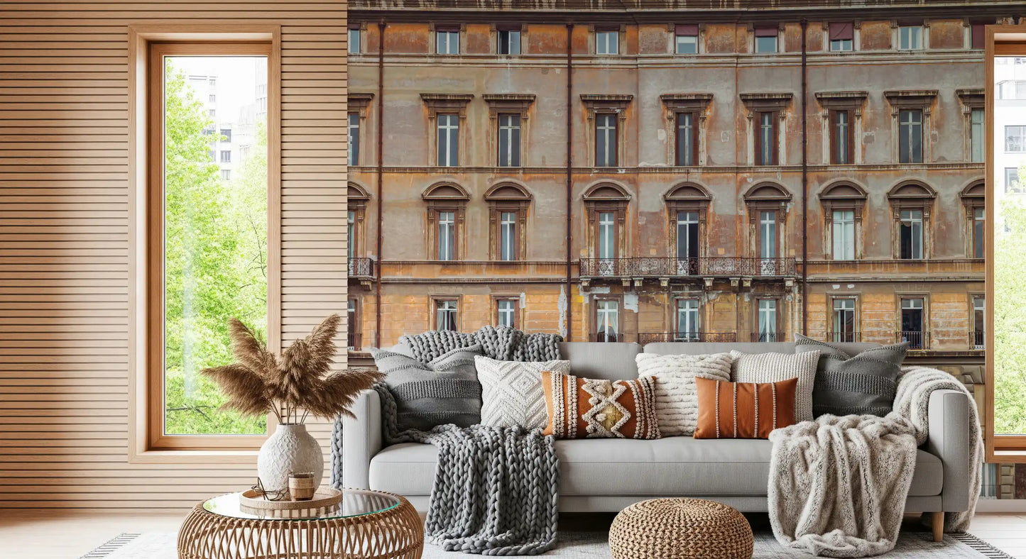 Three storeys of pilaster and cornice detail line a European Grandeur wall mural.