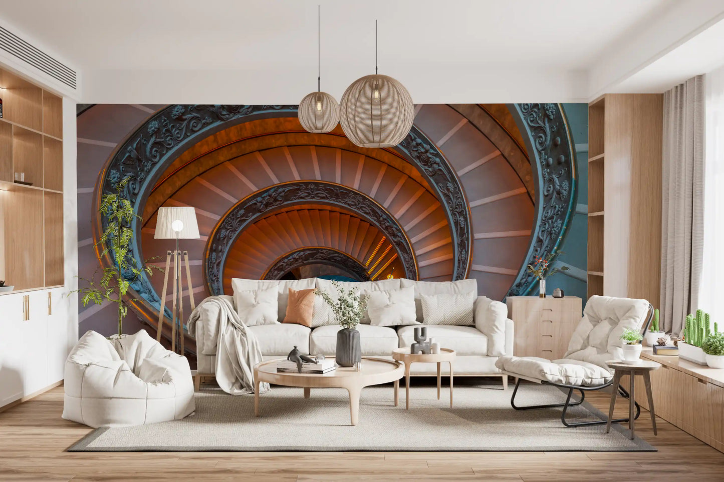For a high-ceiling lounge, Bramante's Infinite Ascent wall mural pulls focus upward.