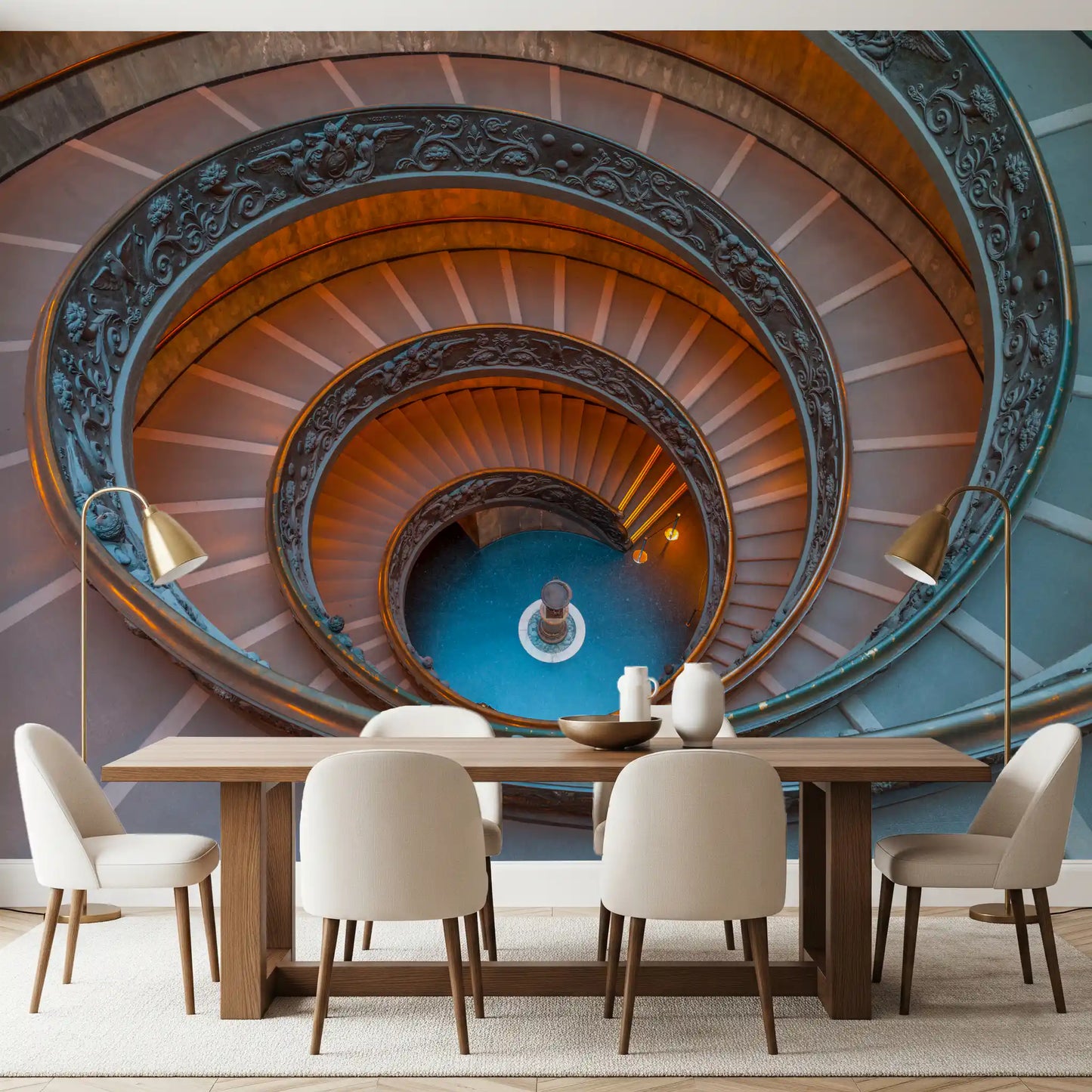 Bramante's Ascent wall mural pairs amber and teal across a dining room layout.