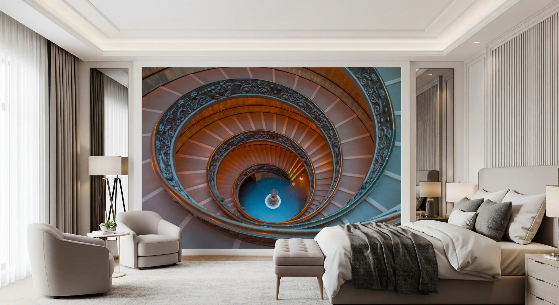In Bramante's Ascent wall mural, amber, copper, steel, and deep blue work in harmony.