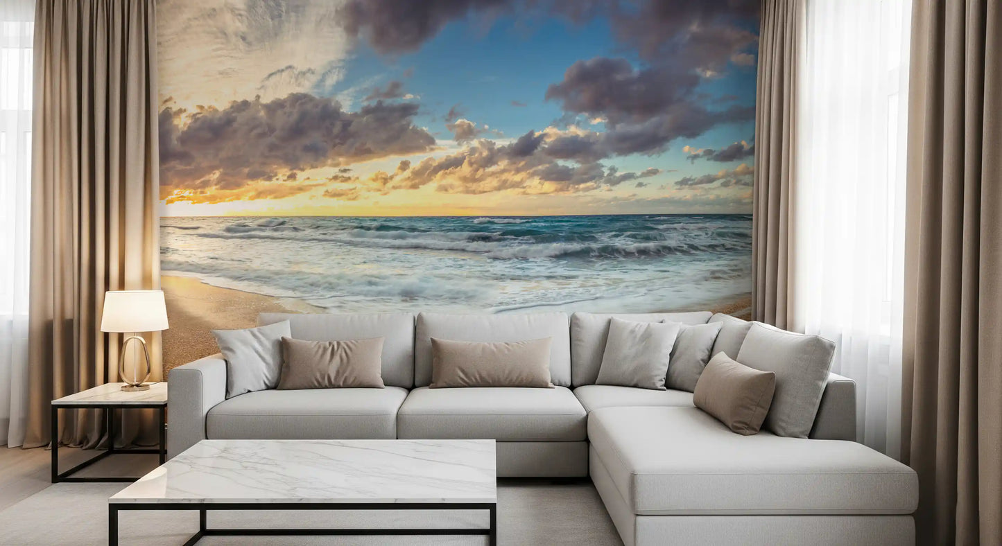 Golden Serenity wall mural opens a tidal scene over the lounge with surf and sand tones.