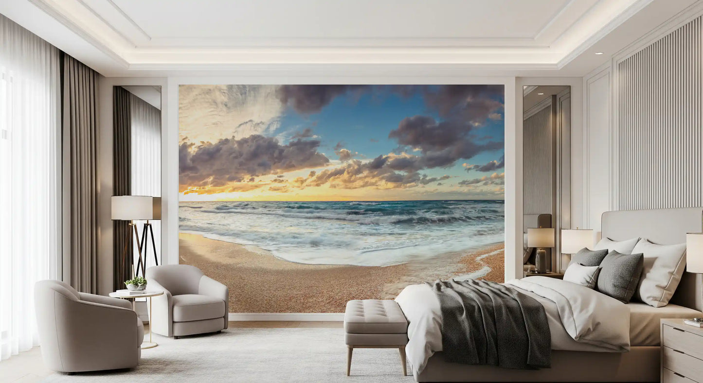 Foamy white surf rolls along the shore through Shoreline Serenity wall mural detail.