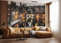 Lamplight pools across still canal water in the Urban Twilight wall mural
