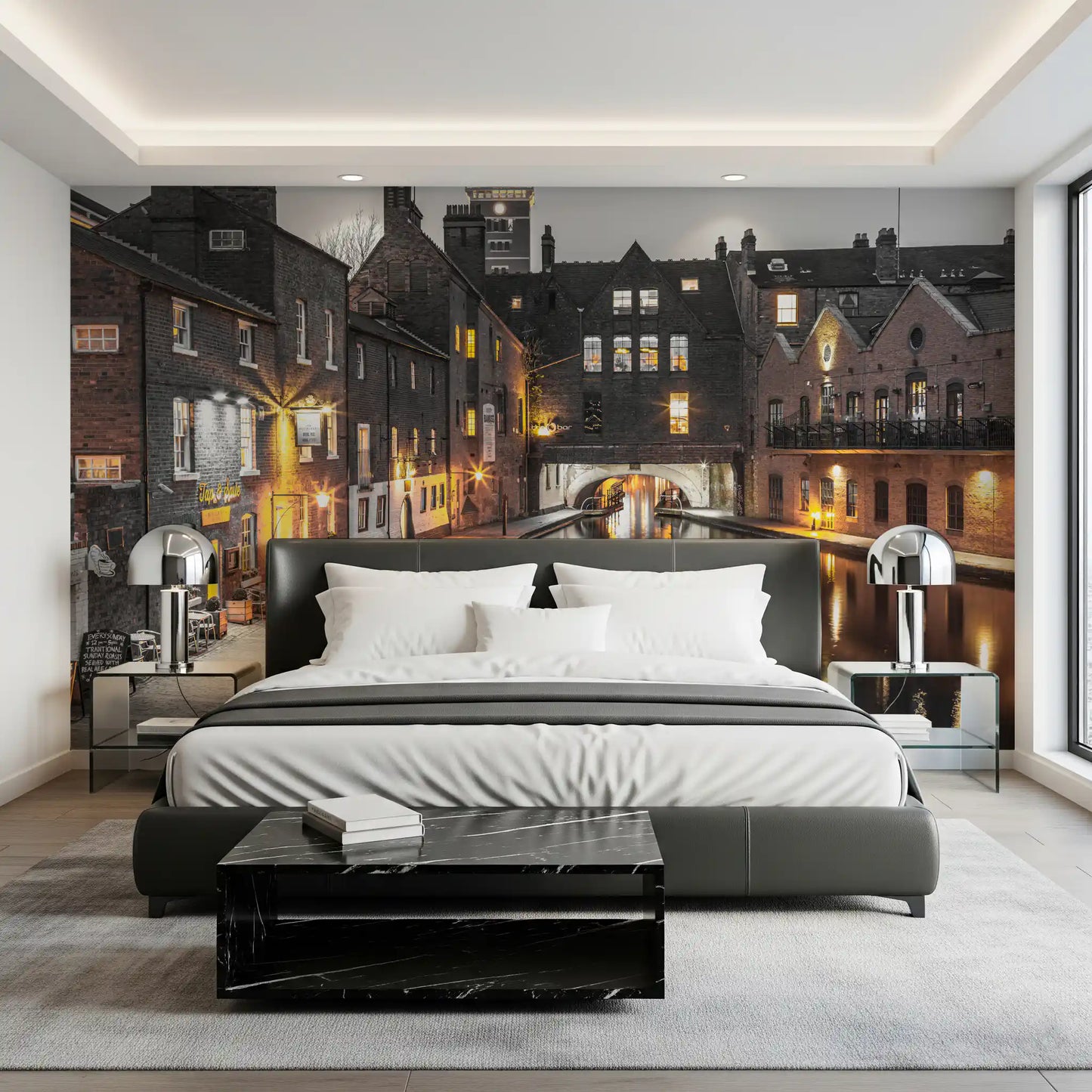 Urban Canal Twilight wall mural drops a moody evening tone into the Bedroom