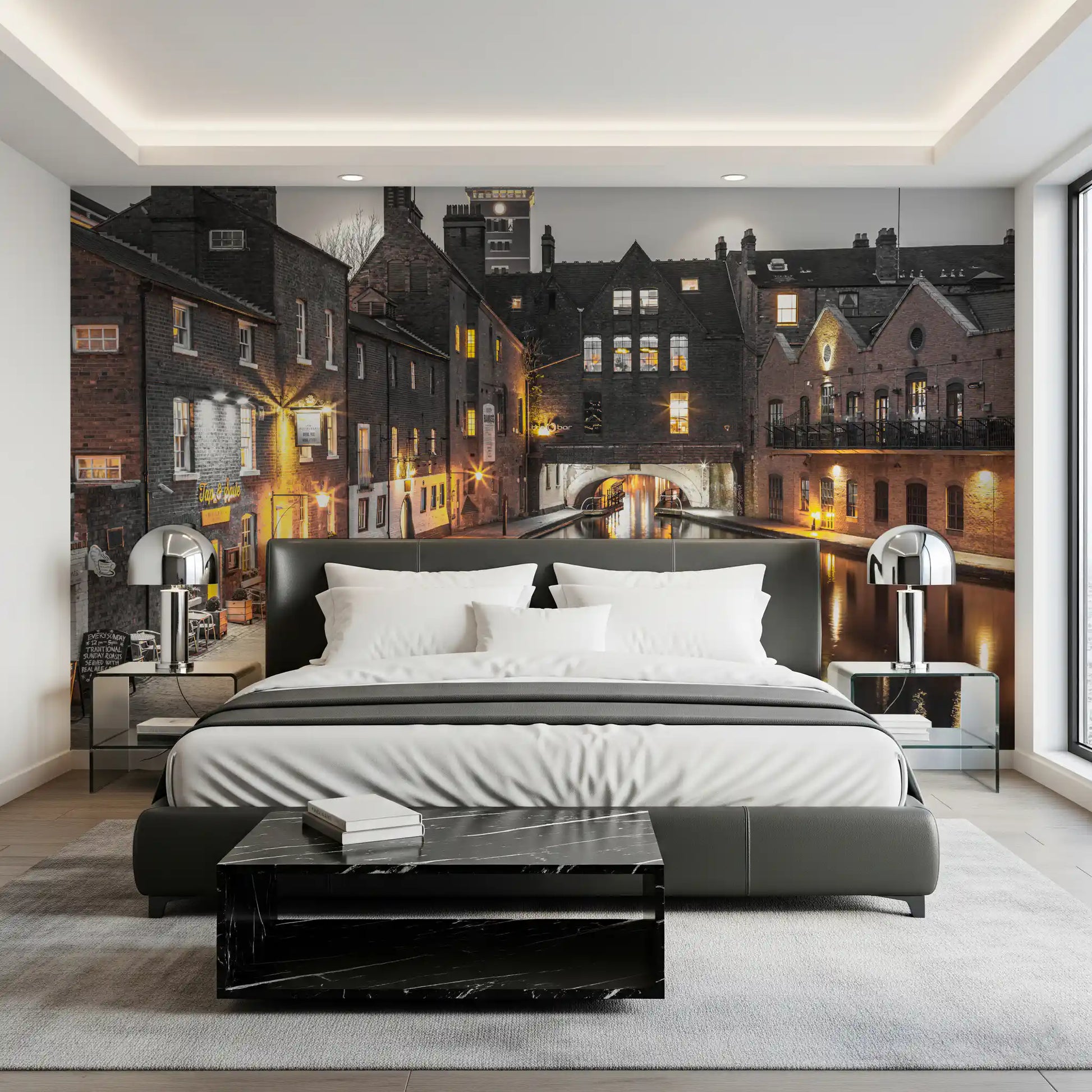 Urban Canal Twilight wall mural drops a moody evening tone into the Bedroom