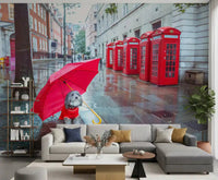 London Calling wall mural lays a wet street and red phone boxes behind the living room.