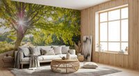 Heavy mossy boughs rest behind a Living room with the Sunlit Woodland Canal wall mural.