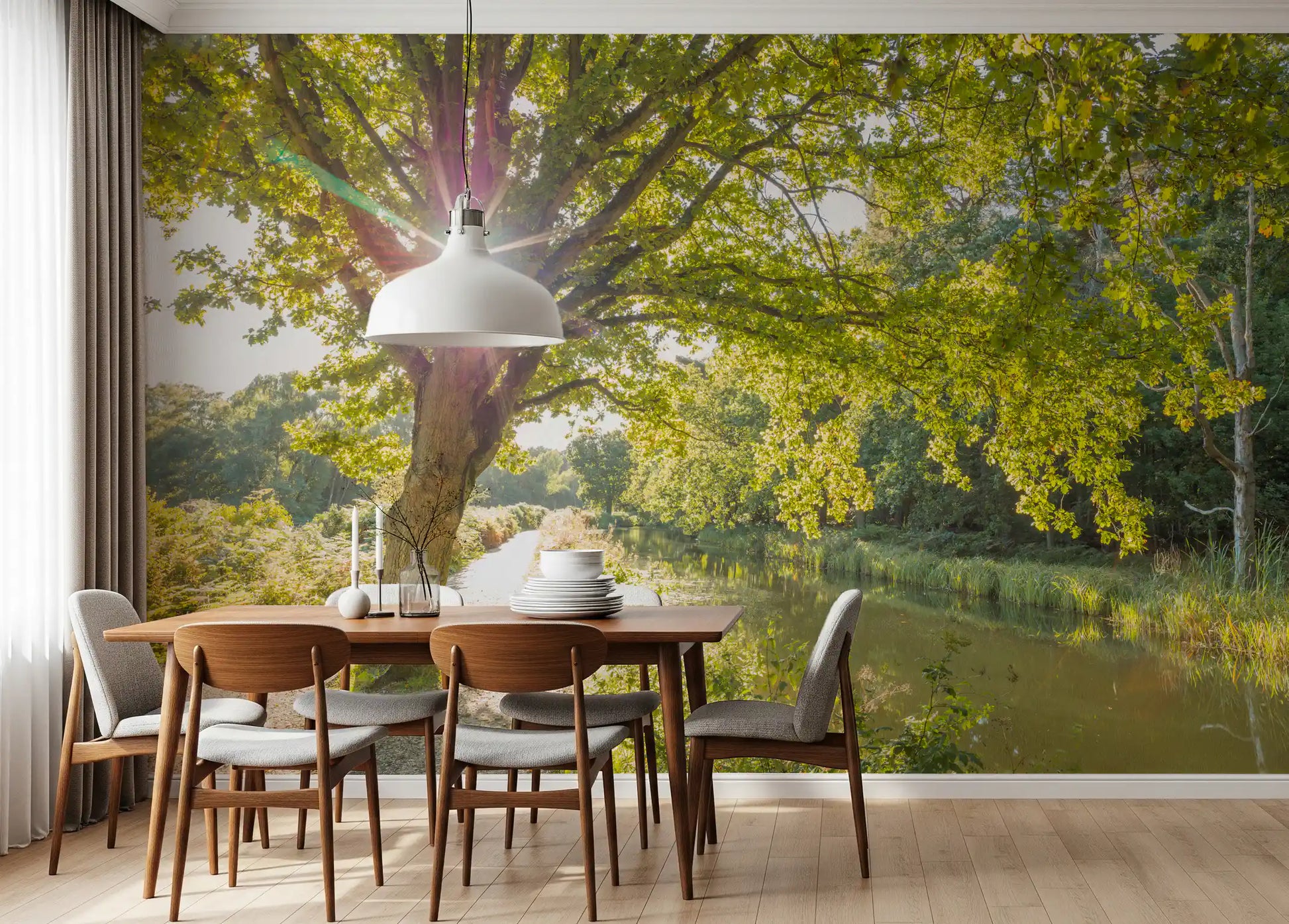 A Dining room finds under the Sunlit Woodland Canal wall mural for a quiet summer mood.