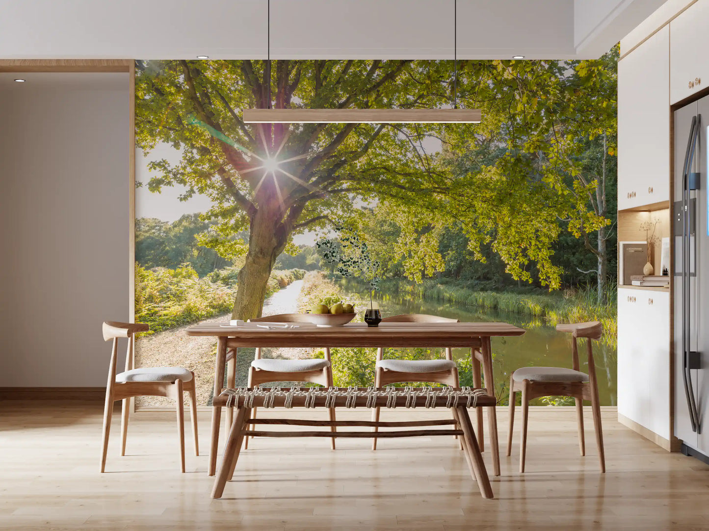Reflective stream water mirrors the sky in this Woodland Canal wall mural.