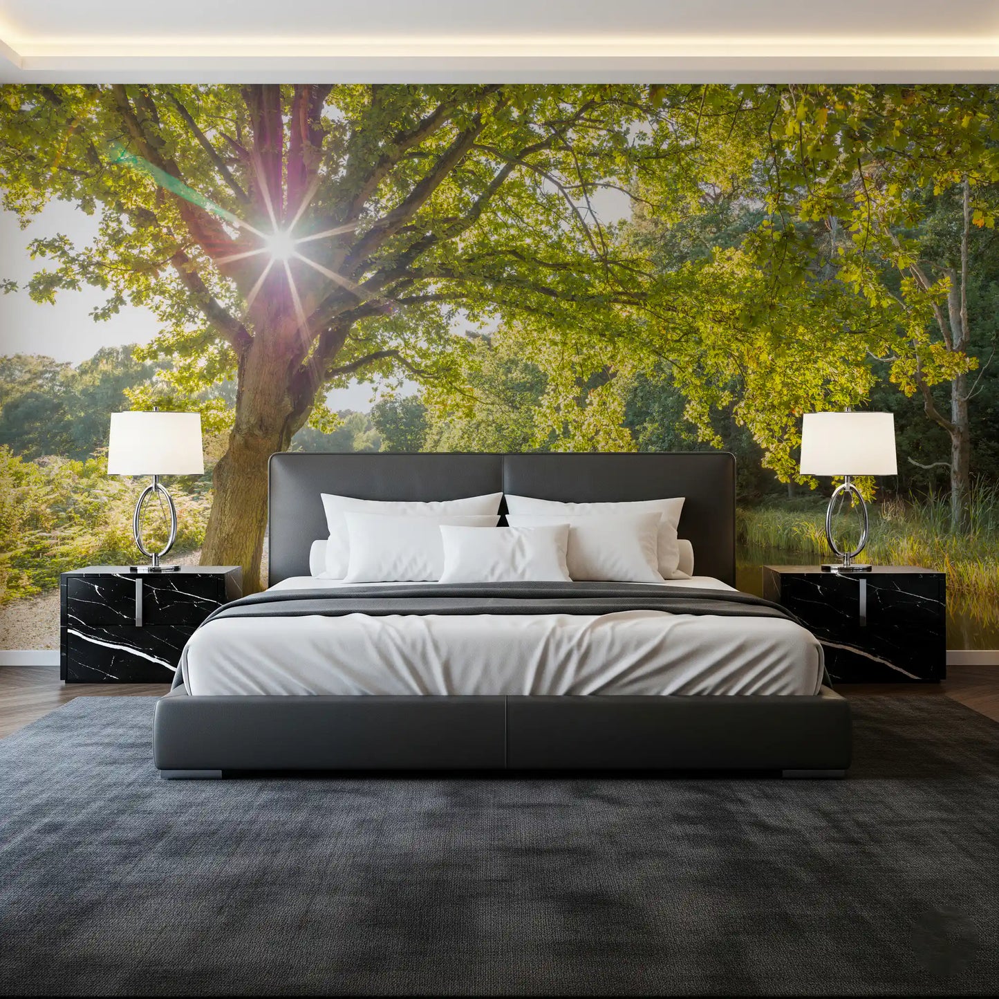 Rough bark and gravel ground the foreground of this Sunlit Woodland wall mural.