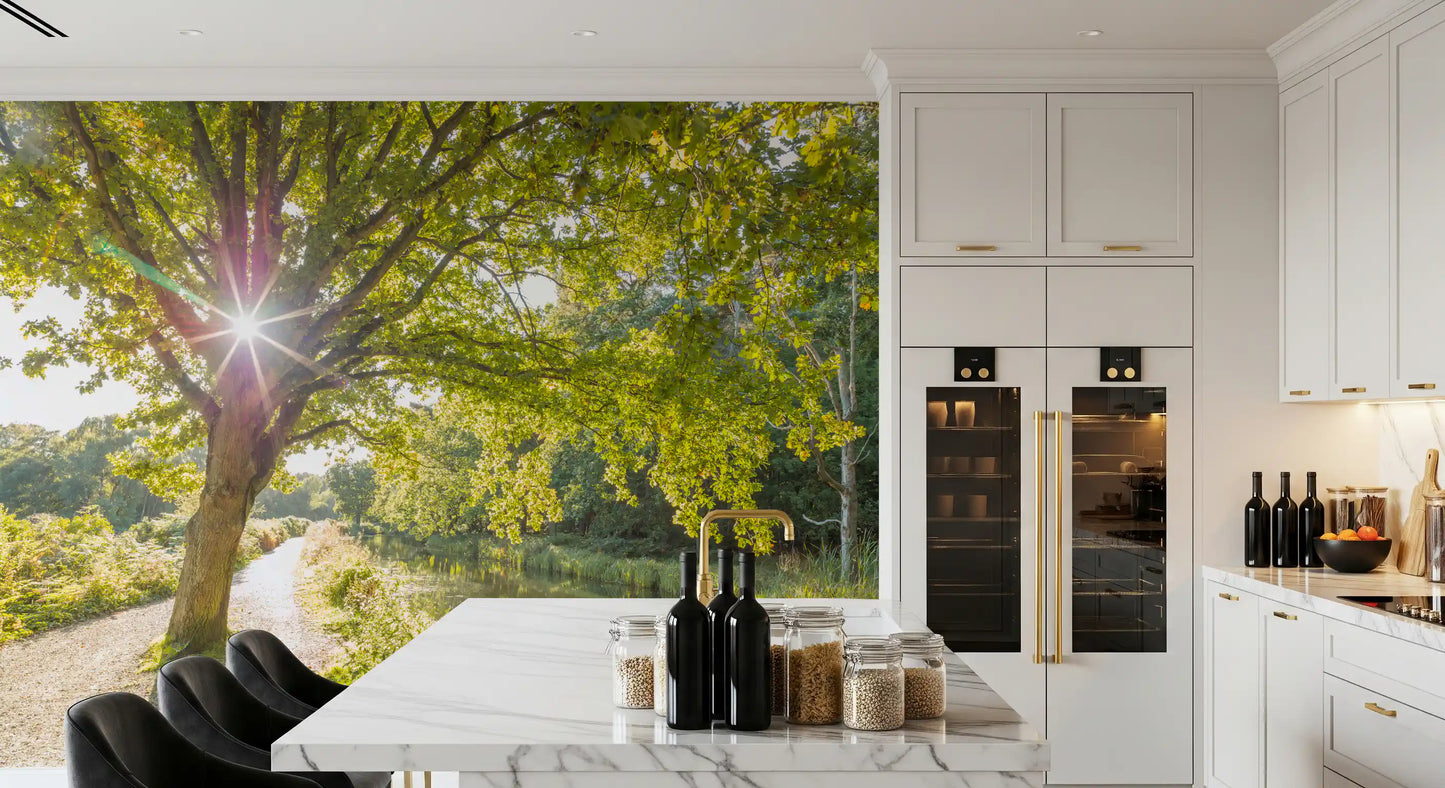 Beside a Dining room this Sunlit Canal wall mural lifts the mood with leafy summer glow.