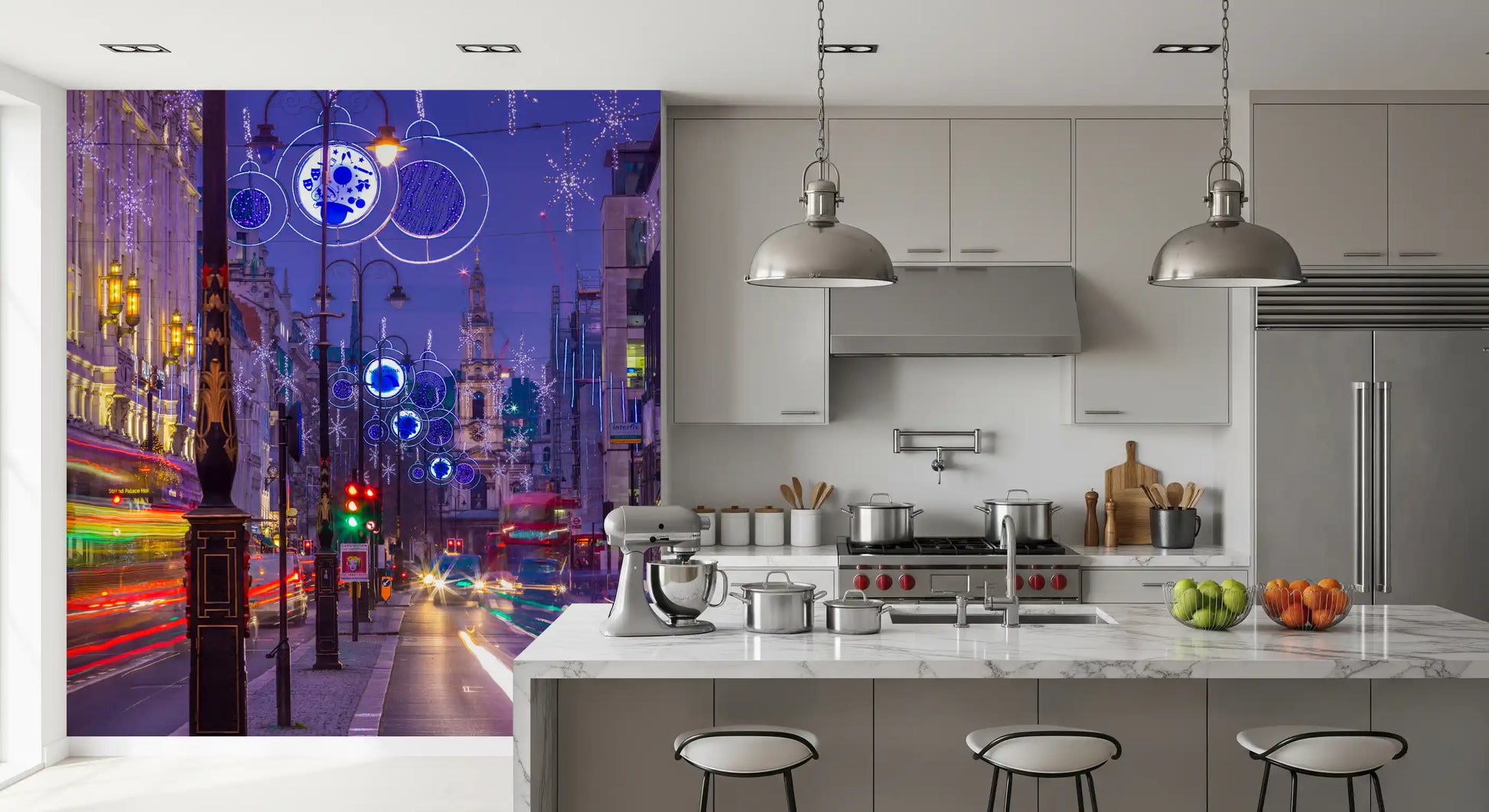 Metropolitan Magic Night Lights wall mural opens a kitchen-dining onto city sparkle.