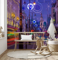 Twilight glow from Night Lights & City Trails wall mural fills this Nursery area corner.