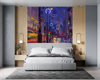 Red and white streaks rush through City Trails wall mural.