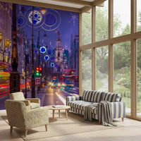 Vintage lampposts give Night Lights wall mural a yellow tint.