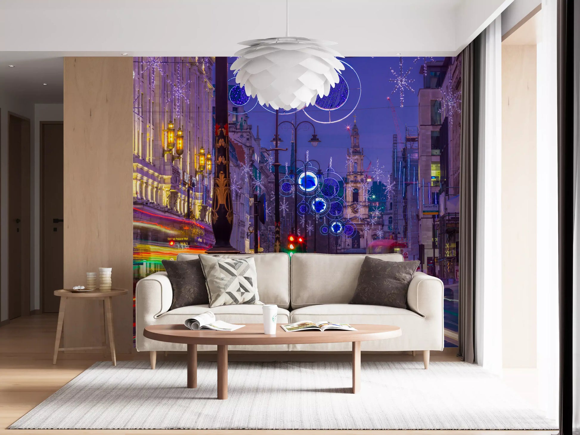 Glowing baubles suit a Living room beside Magic Night Lights wall mural.