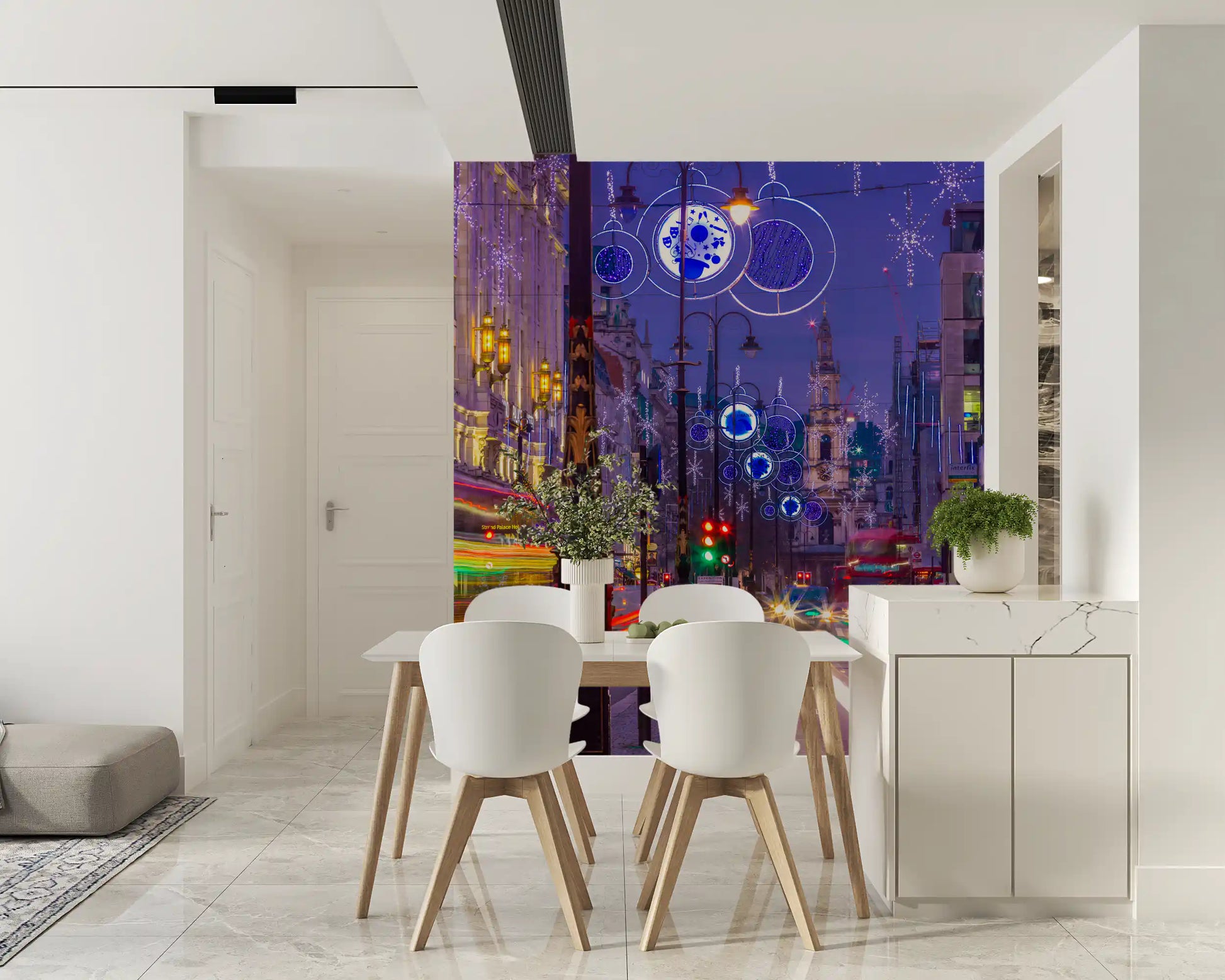 Behind festive ornaments, a pale spire rises in Metropolitan Magic wall mural.