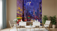 Living room beside City Trails wall mural takes on evening glow.