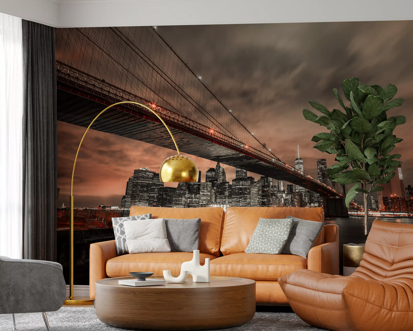 Twilight tones meet a Living room corner, Iconic Bridge Fiery Cityscape wall mural in copper