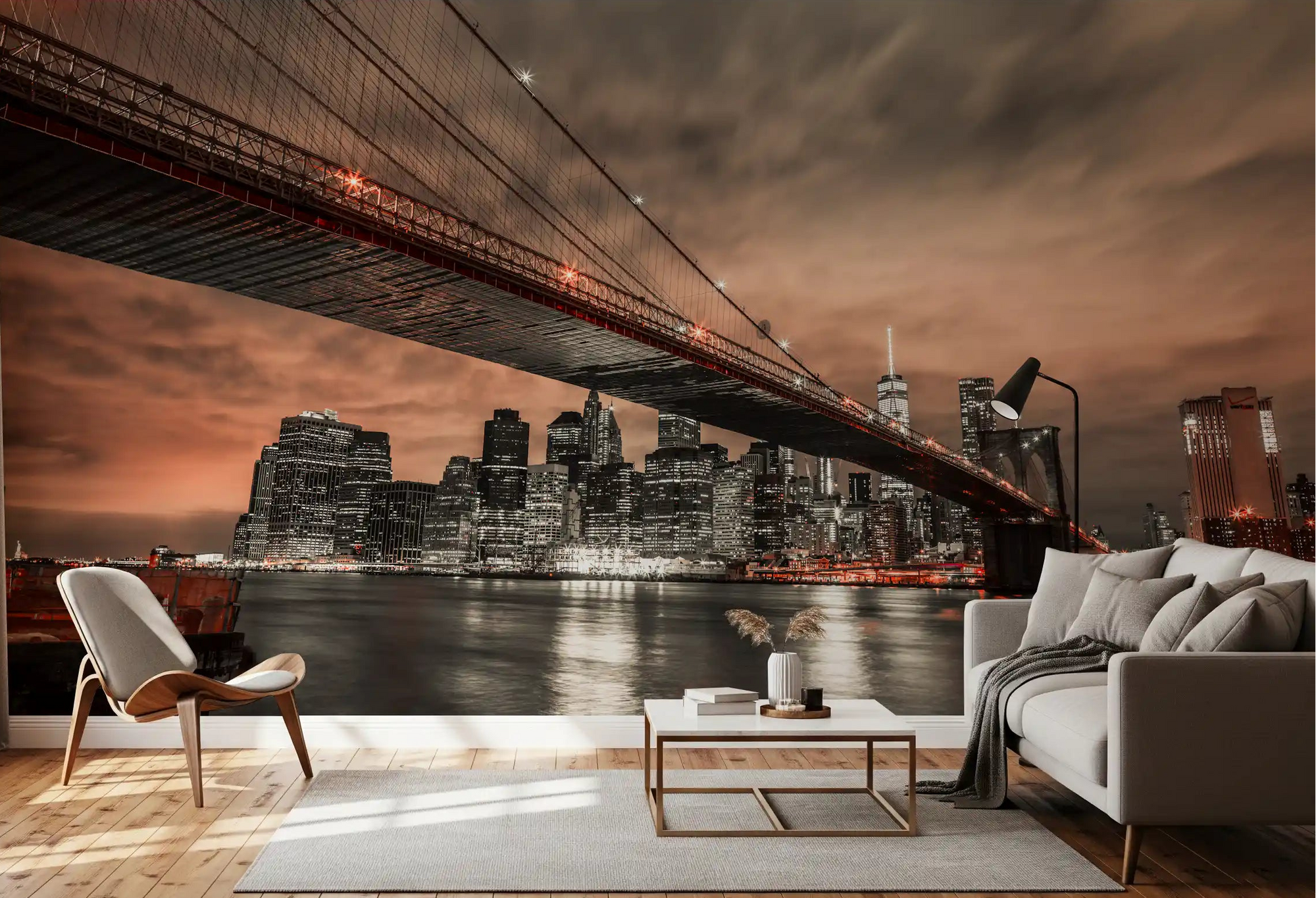 Iconic Bridge Fiery Cityscape wall mural frames a copper dusk in a living room