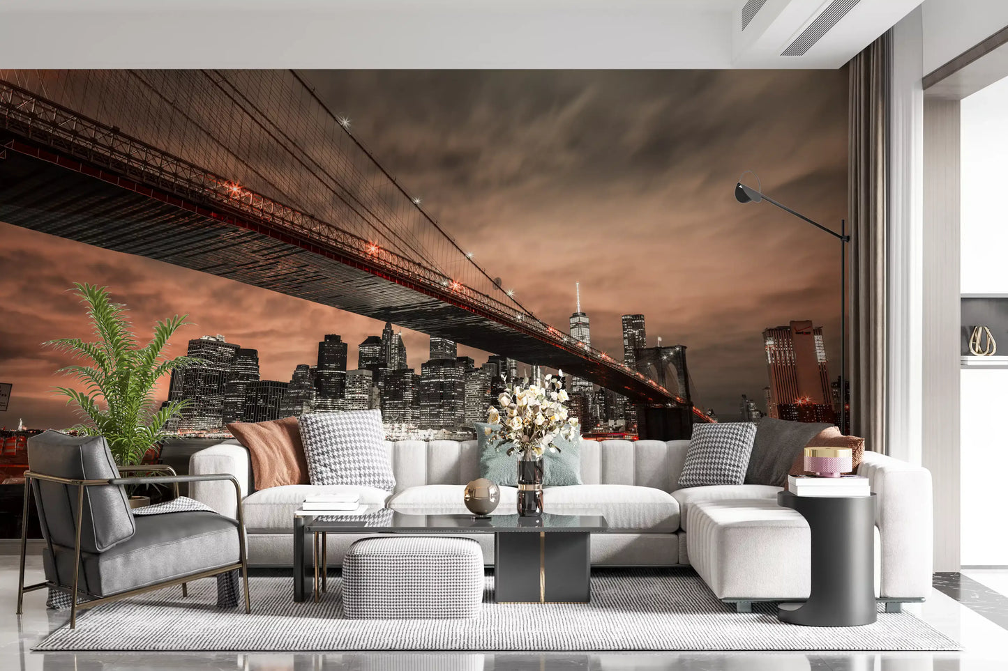 Wide-angle view of Iconic Bridge Fiery Cityscape wall mural with dusk sky